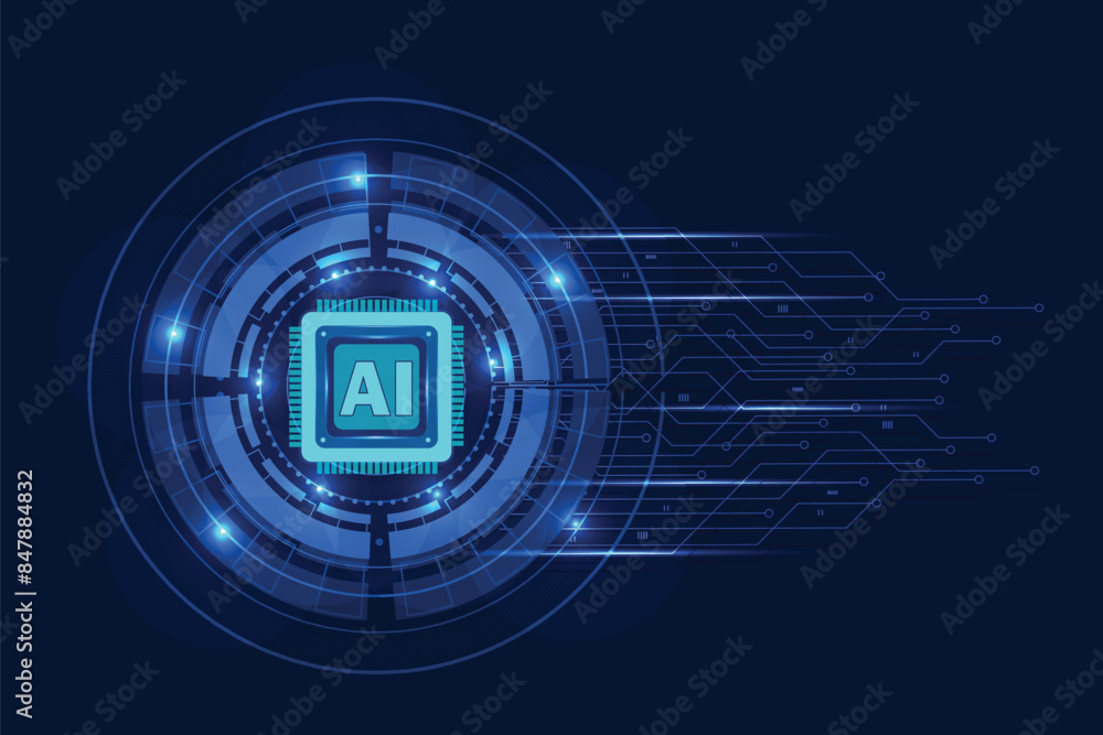 Poster artificial intelligence chipset on circuit board in futuristic concept technology background