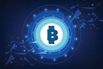 Fototapeta premium Bitcoin polygonal vector illustration on a blue background. Cryptocurrency low poly design