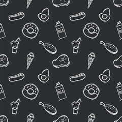 Seamless American food pattern. Doodle ilustration with american food icons. Fast food background