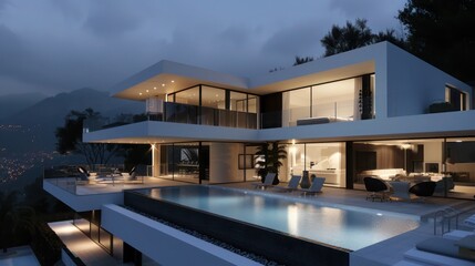 Fototapeta premium contemporary villa with sleek architecture, infinity pool, and panoramic views