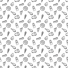 Seamless American food pattern. Doodle ilustration with american food icons. Fast food background
