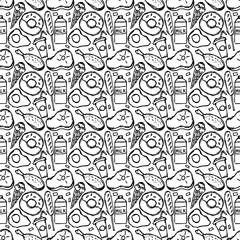Seamless American food pattern. Doodle ilustration with american food icons. Fast food background