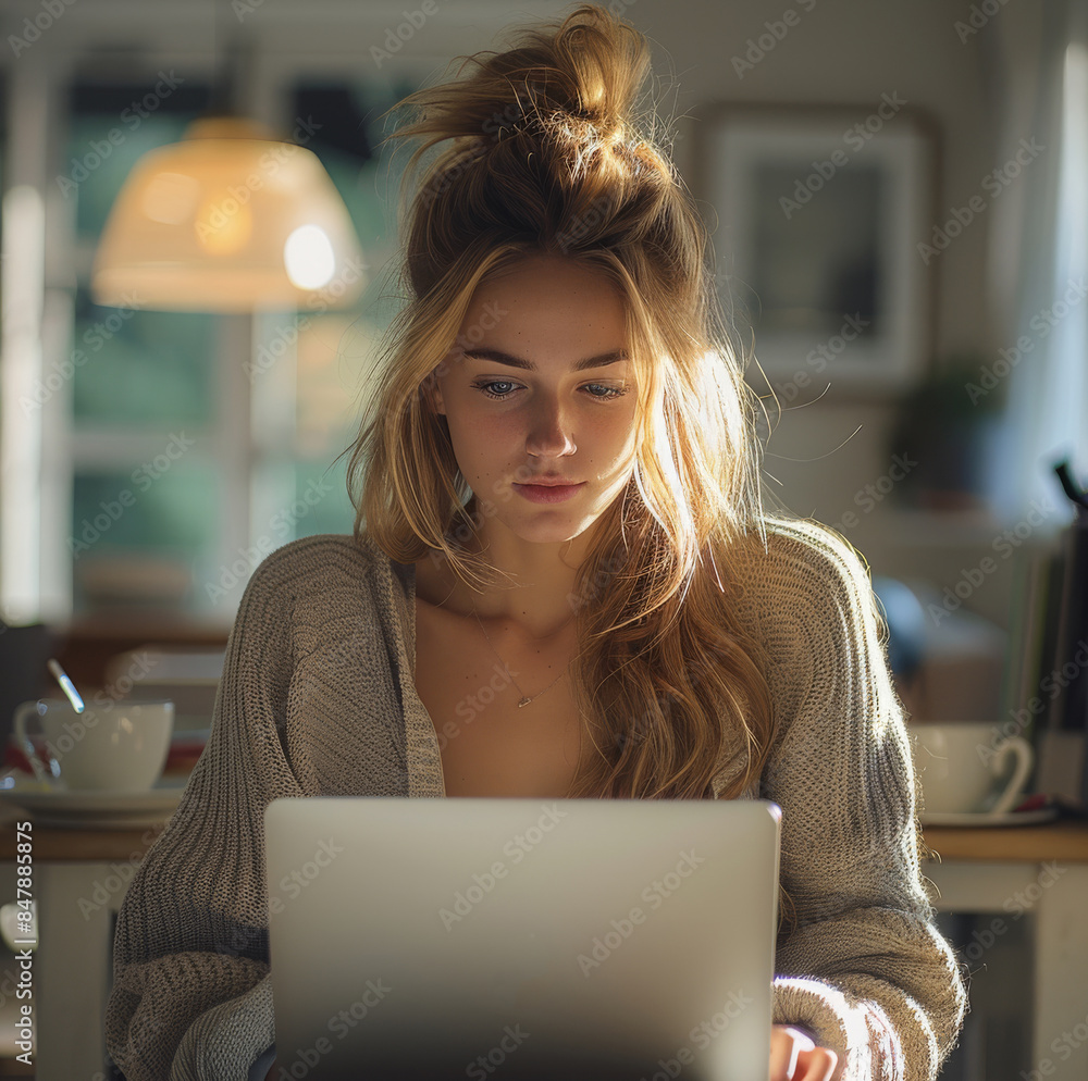 Canvas Prints Young woman working on laptop. Generative AI.