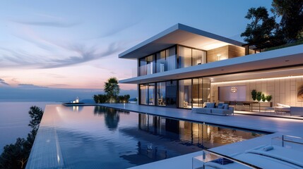 Fototapeta premium contemporary villa with sleek architecture, infinity pool, and panoramic views