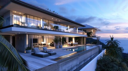 Fototapeta premium contemporary villa with sleek architecture, infinity pool, and panoramic views