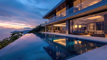 Obraz premium contemporary villa with sleek architecture, an infinity pool, and panoramic views