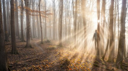 Fototapeta premium A single figure walks through a forest, their form nearly obscured by the thick mist and golden rays of sunlight filtering through the trees