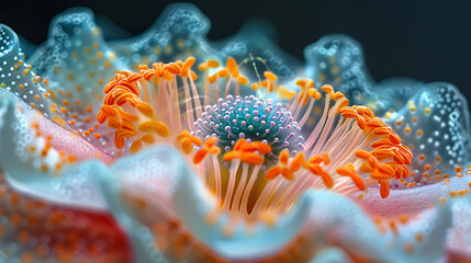 Obraz premium A single, vibrant stamen of a flower explodes outwards, revealing a swirling vortex of pollen grains, each a miniature, colorful planet. 1000x magnification showcases the intricate textures and