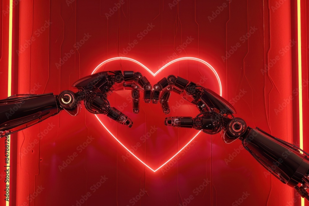 Aufkleber robotic hands forming heart shape in front of red neon sign, 3d rendering for technology and love co
