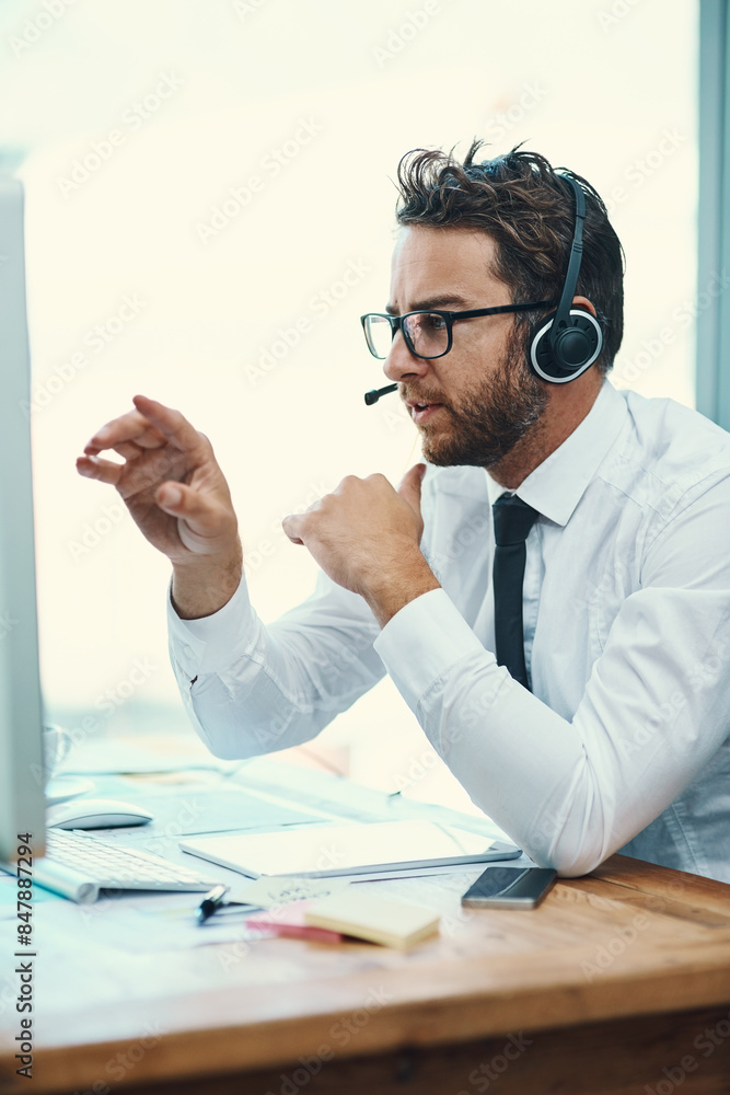 Poster business, man and call center with headset on computer, help desk and customer service or online adv