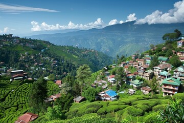 Fototapeta premium tea estate aerial view among green hills on sunny day