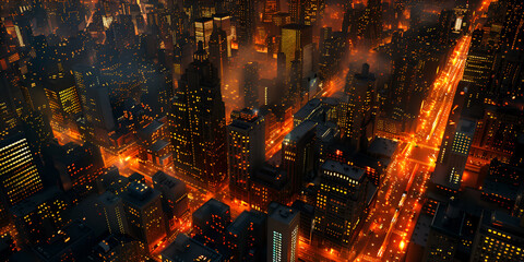 Nighttime cityscape of modern skyscrapers illuminated by street lights .Urban City Stock Photos
