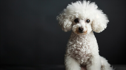 Portrait of a funny puppy of a shorn white poodle on a black background