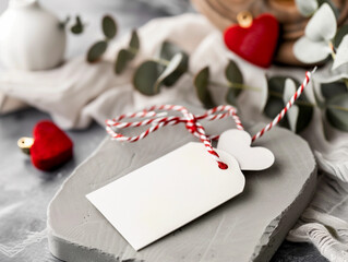 Valentine's Day mockup blank swing gift tag red heart cozy background minimalistic decor printable template print on demand romantic love holiday festive celebration elegant rustic chic DIY Galentine