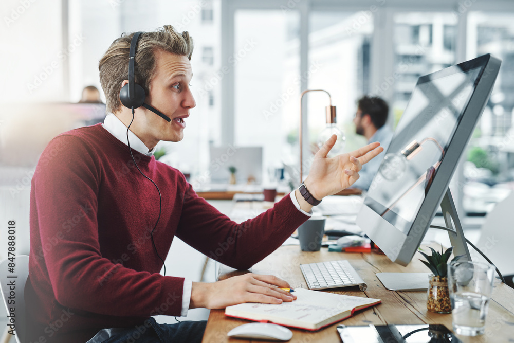 Poster call center, man and talking for customer support on computer with legal advice, explaining and cont