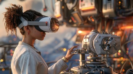 Engineer using VR for advanced machinery simulation.