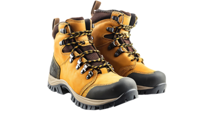 Pair of new hiking boots isolated on transparent background