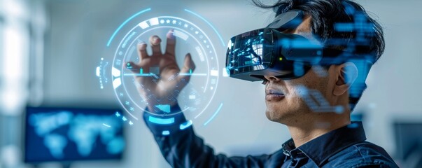 Engineer using VR for advanced machinery simulation.