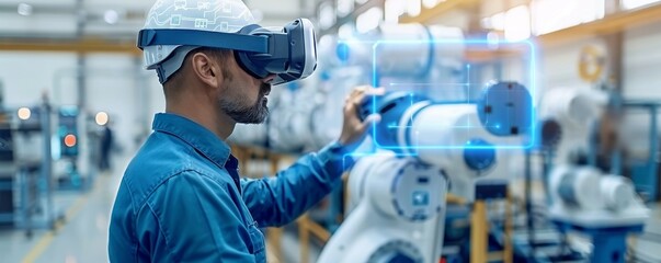 Engineer using VR for advanced machinery simulation.