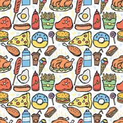 Seamless American food pattern. Doodle ilustration with american food icons. Fast food background