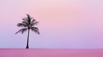 Naklejka premium Silhouette of a palm tree on the sand with a pastel purple or pink horizon. copy space. palm tree against a pink sunset background
