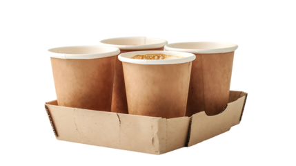 paper cups with coffee in cardboard tray isolated on transparent background