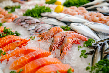 Bustling fish market with vendors selling a variety of fresh seafood, from flounder and salmon to shrimp and squid, laid out on ice for customers to peruse