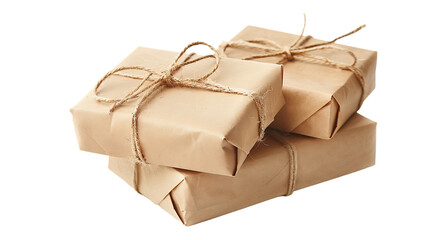 Parcels wrapped in kraft paper isolated on transparent background