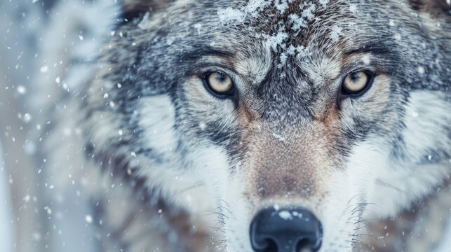 Close up portrait of a gray wolf in snowy wilderness