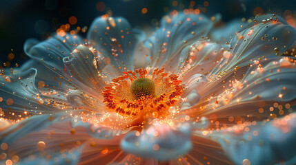 Obraz premium A close-up of a flower stigma, magnified 1000x, resembles a cosmic nebula. Delicate, feathery structures resemble swirling galaxies, their surfaces dusted with a shimmer of stardust.