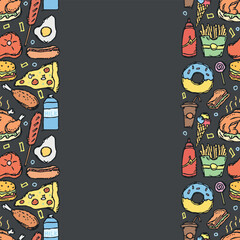 American food frame. Doodle ilustration with american food icons. Fast food background