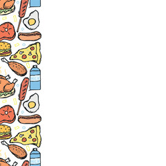 American food frame. Doodle ilustration with american food icons. Fast food background