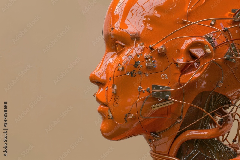 Poster closeup of orange robot with wires connected to its head and face in technological innovation concep