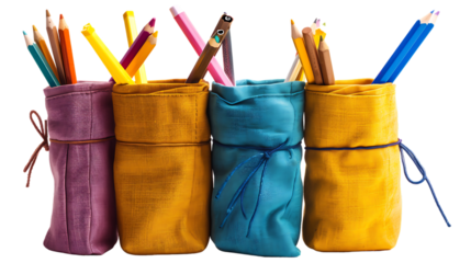 Pencil cases with stationery isolated on transparent background