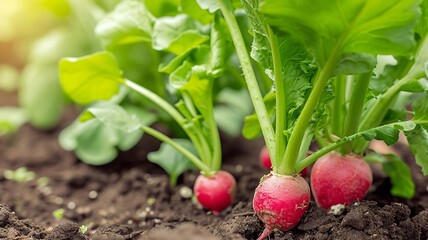 Radishes growing in the garden. selective focus. Generative AI,