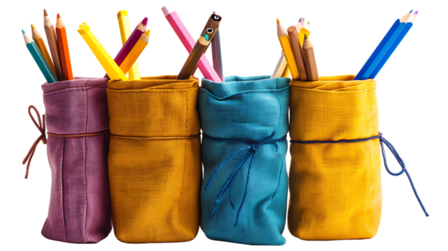 Pencil cases with stationery isolated on transparent background