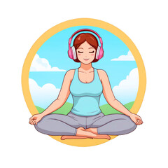 Woman in yoga attire meditating with headphones on, profile picture , Watercolor clipart, isolated on white background, clipart icon
