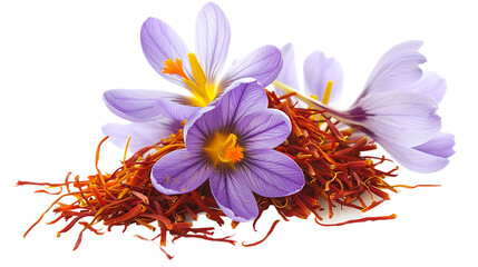 Pile ovf dried saffron and crocus flower isolated on transparent background