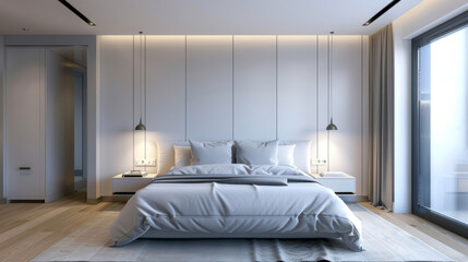 Comfortable bed with large wardrobe in modern spacious bedroom