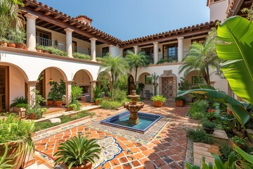Mediterranean-inspired outdoor courtyard with tiled floors and wrought iron accents0