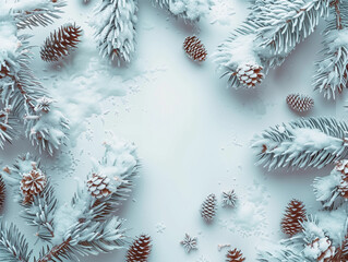 Christmas flatlay mockup empty snowy pine branches white center background winter warmer seasonal decor festive holiday cozy border rustic elegant fresh ski minimal skiing snow advert ice cold frosty