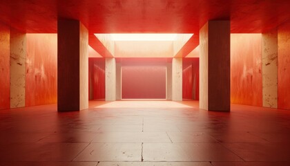 Red walled room with a glowing light at the end representing hope and inspiration for travel and adventure