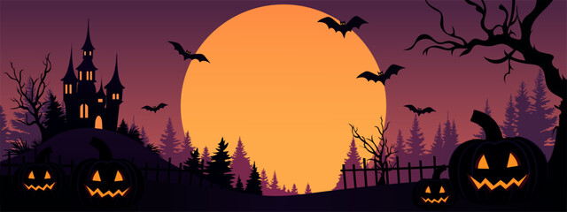 Halloween pumpkins, bats, a cemetery and a scary castle against the backdrop of an eerie big orange moon and purple sky. Holiday flyer, poster or banner for design. Vector illustration for Halloween.