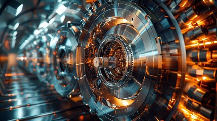 A particle generator, particle accelerator, machine, realistic, beautiful colors, reflection, rim light. Generative AI.