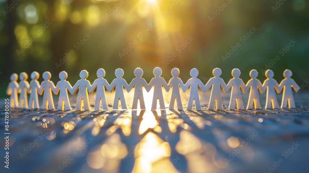 Wall mural concept of teamwork. paper people holding hands in a chain formation, bathed in the warm light of th