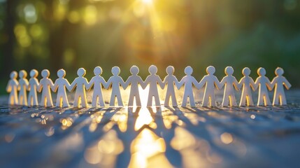 Concept of teamwork. Paper people holding hands in a chain formation, bathed in the warm light of the setting sun