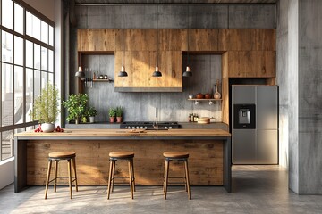 Modern elegance nordic kitchen in loft apartment. 3D rendering.