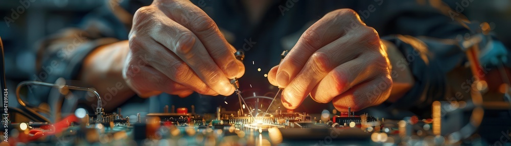 Aufkleber close-up of hands working on electronic circuit board with precision, representing technology and en