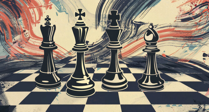 watercolor illustration, vintage postcard, International Chess Day, chess pieces on a chessboard close-up, black and white outline