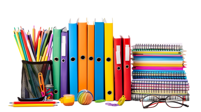 School supplies with books isolated on transparent background